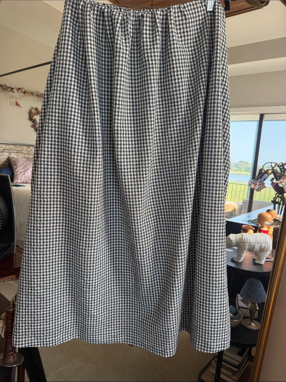 Navy and White Gingham Maxi Skirt with Elastic Waist